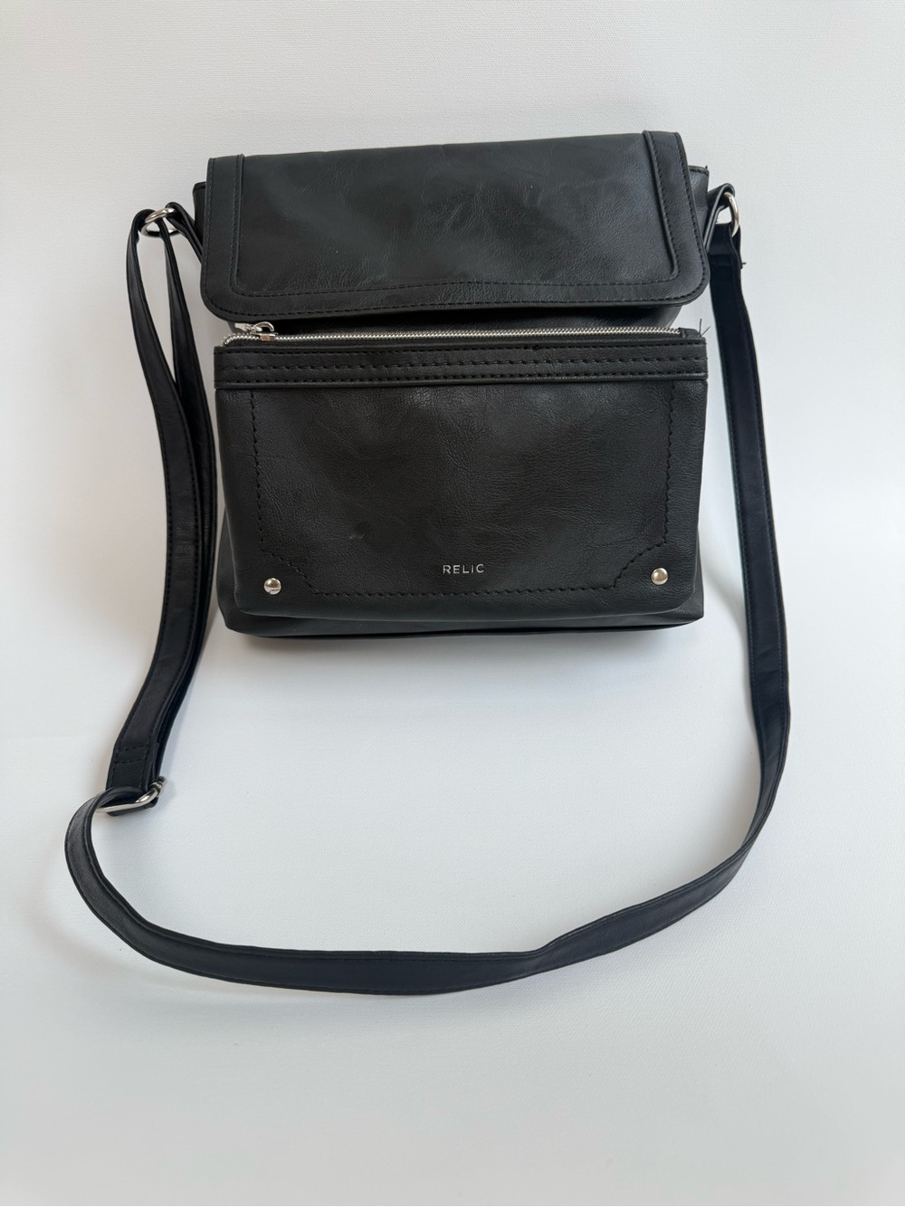 Relic Black Leather Crossbody with Front Zip and Flap